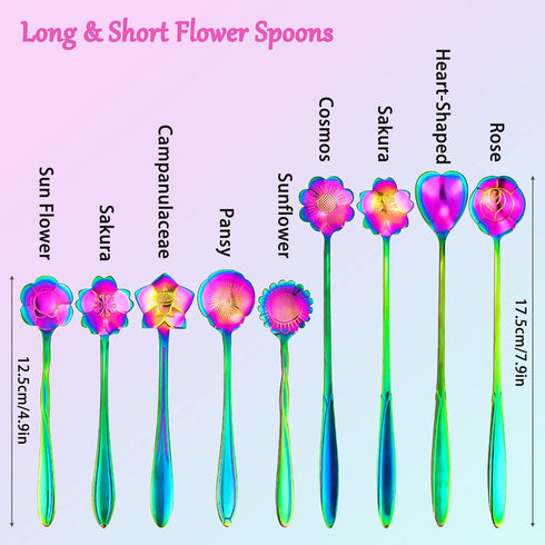 9 PCS Rainbow Flower Spoon Set, LEEFONE 2 Different Size Stainless Steel Reusable Teaspoons Coffee Sugar Stirring Spoon Dessert Cake Spoons Tea Sc...
