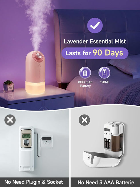 One Fire Lavender Scent Diffuser Waterless Diffuser, 4 Mist Scent Diffusers for Home Bathroom Diffuser Last 90 Days, 1800mAh Battery Operated Diff...