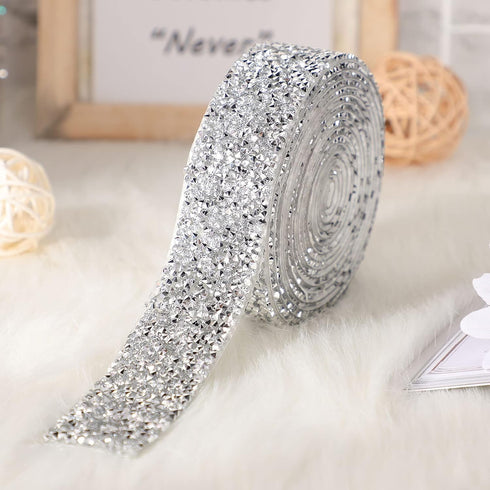 3 Yards Self Rhinestone Ribbon Crystal Rhinestones Stickers Bling Tape Wedding Ribbon Rhinestones for Crafts Car Wrap Phone Mirror Decor (Silver W...
