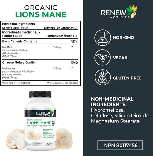 Renew Actives Organic Lions Mane Mushroom Supplement - 40% Polysaccharides, Immune Wellness & Rich in Antioxidant - 120 Capsules...