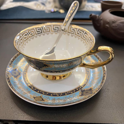 YBK Tech Euro Style Bone China Cup& Saucer Set, Ceramic Tea Coffee Cup for Home Kitchen Wedding (Royal Pattern- Sky Blue)...