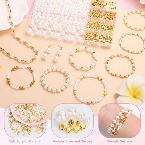 1290 Pieces Pearl Beads and Gold Spacer Beads for Bracelets Making, Assorted Gold Beads, Pearls for Bracelet Jewelry Making Kit...