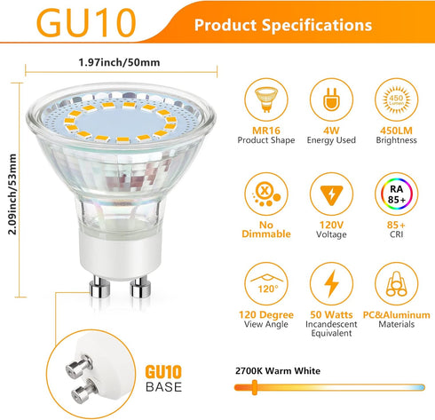 GU10 LED Light Bulb, 50 Watt Halogen Equivalent, Warm White 2700K 450LM Non-Dimmable 4W LED Replacement Recessed Track Lighting, 5-Pack...
