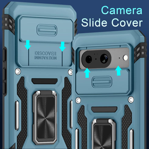 DEERLAMN for Google Pixel 8 Case with Slide Camera Cover+Screen Protector (1 Pack), Rotated Ring Kickstand Military Grade Shockproof Heavy Duty Pr...