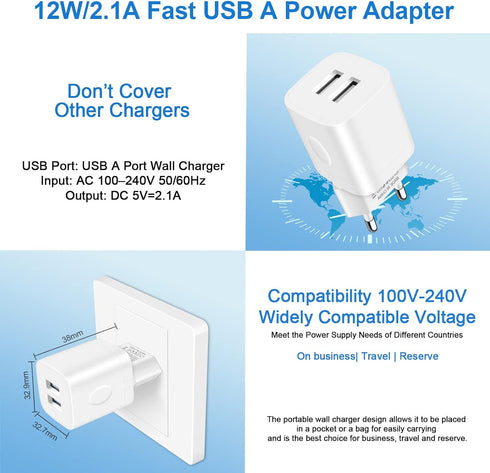 European Travel Plug Adapter Charger for iPhone Samsung Android Phone,International Power Adaptor with 2 Charger Port USB, EU Wall Charging Block ...