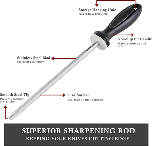 Knife Sharpener Rod, Little Cook 12 inch Knife Sharpening Steel, Knife Sharpening Rod with Ergonomic PP Handle (black)...