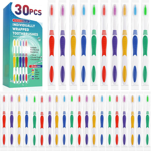 Navona 30 PCS Individually Wrapped Bulk Toothbrush Pack, Colorful Manual Disposable Toothbrush Set for Adult or Kid, Ergonomics Handle, Soft Brist...
