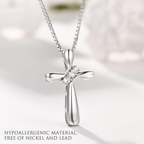 FUNRUN JEWELRY 925 Sterling Silver Cross Necklace for Women 3 Stone Cubic Zirconia Silver Cross Pendant Necklaces with 1 MM Box Chain,18 Inches...