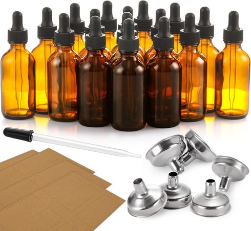 24 Pcs, 2 oz Dark Amber Dropper Bottles with 6 Small Funnels & 1 Long Glass Labels - 60ml Tincture Bottles w/ Eye Dropper for Essential Oils, Perf...