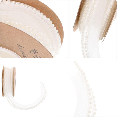 COHEALI Gift Wrapping Pearls Ribbon Artificial Pearl Bead Ribbon Chiffon Ribbon Organza Lace Flower Ribbon Beads Trims for Gift Wrapping Floral Bo...