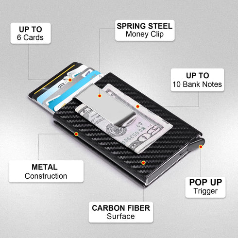 Slim Wallet for Men with Money Clip and Credit Card Holder, RFID Blocking Carbon Fiber Wallet,Minimalist Pop-Up Metal Front Pocket Wallet. (Black)...