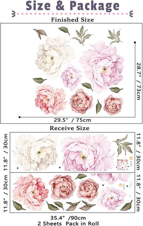 Watercolor Peony Flowers Wall Decals Floral Wall Stickers for Living Room, Delicate White & Pink Flowers Wall Posters Vinyl Blossom Art Applique f...