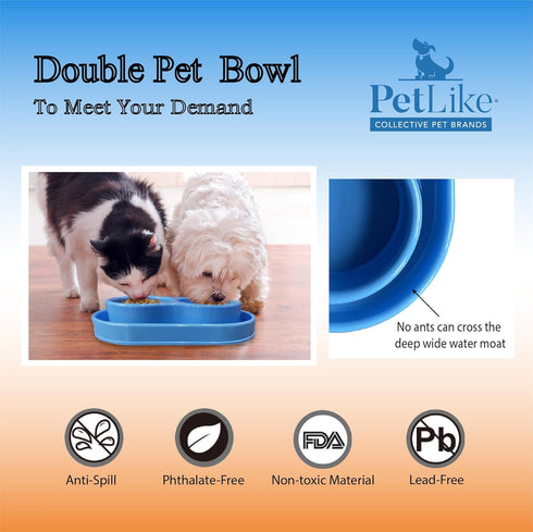 PetLike Ants Away Double Cat Dog Pet Water and Food Bowls,6cups /48oz Cat Dog Feeding Bowl Pet Food Dish for Puppy Medium larger Dogs Cats (Blue, ...