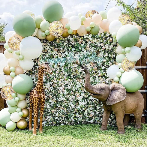 Sweet Baby Co. Sage Green Balloon Garland Arch Kit with Eucalyptus Olive, Peach, White, Gold Balloons and Greenery for Forest Safari Jungle Tropic...