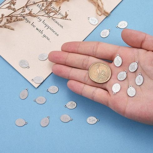 DanLingJewelry 100 pcs 304 Stainless Steel Virgin Mary Oval Miraculous Medal Charms Pendants for Jewelry Making 14x9mm...