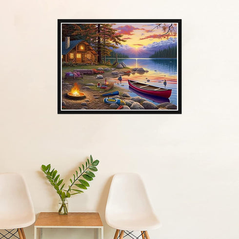 SKRYUIE 5D Sunset Lake Cabin Boat Diamond Art Painting Kit - DIY Diamond Art Landscape, Full Round Drill - Crystal Embroidery Cross Stitch - Adult...