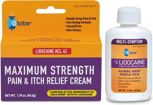 Globe Lidocaine 4% Multi-Symptom Relief Cream 1.75 oz, Numbs Away Pain & Itch, Steroid Free Non-Greasy Formula (Compare to Gold Bond w/Lidocaine)...