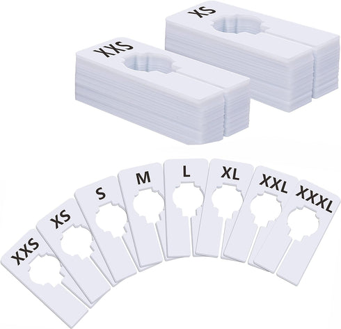 40 Pack Rectangular White Plastic Clothing Size Closet Rack Dividers Hangers, Preprinted in 8 Sizes XXS, XS, S, M, L, XL, XXL, XXXL (2.5”x 5”, Inn...