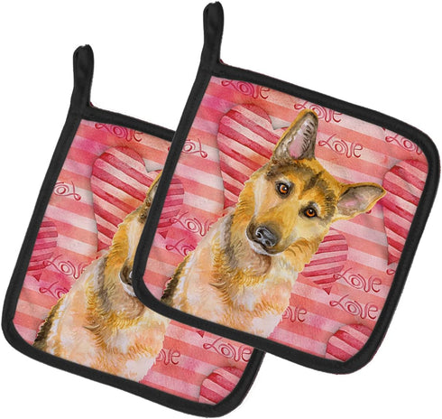 Caroline's Treasures BB9798PTHD German Shepherd #2 Love Pair of Pot Holders, Red Kitchen Heat Resistant Pot Holders Sets Oven Hot Pads for Cooking...