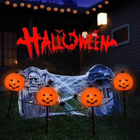 C7 Halloween Pumpkin Pathway Stake Lights, 7 Ft Halloween Pathway String Lights with 4 C7 Bulbs, Stake, Halloween Decorations Driveway Markers Lig...