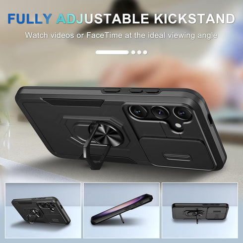 Janmitta Compatible with Galaxy S24+ Plus Case Built in Slide Camera Lens Cover+Screen Protector+Finger Ring Holder Kickstand,Heavy Duty Shockproo...