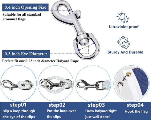 4PCS Flag Swivel Snap Clips Stainless Steel Flag Snaps Hooks Heavy Duty Metal Flagpole Accessories Eye Bolt Clips for Pet Leash, Key Chain, Leathe...