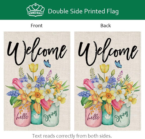 CROWNED BEAUTY Spring Garden Flag Floral Mason Jar 12×18 Inch Double Sided for Outside Small Burlap Welcome Yard Flag...