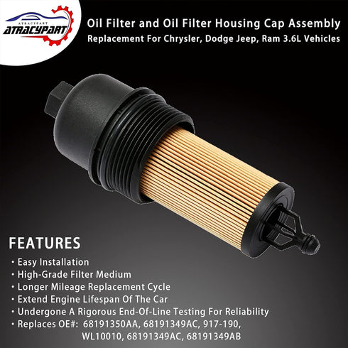 Oil Filter and Oil Filter Housing Cap Assembly ?Replacement For 2014-2020 Chrysler, Dodge, Ram 3.6L Vehicles ?Replaces# 68191350AA, 917-190, 68191...