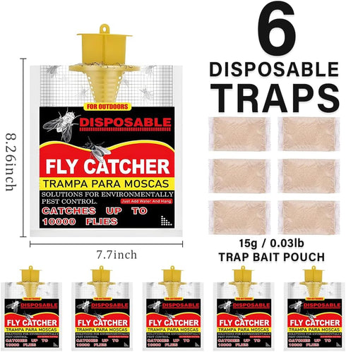 6 Pack Fly Traps Outdoor, Fly Bags Outdoor Disposable, Fly Hunter Ranch Fly Trap, Fly Catcher Outdoor, Fly Traps Outdoor Hanging for Barns, Ranch,...