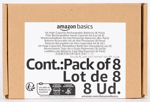 Amazon Basics 8-Pack Rechargeable AA NiMH High-Capacity Batteries, 2400 mAh, 1.2V, Recharge up to 400x Times, Pre-Charged...