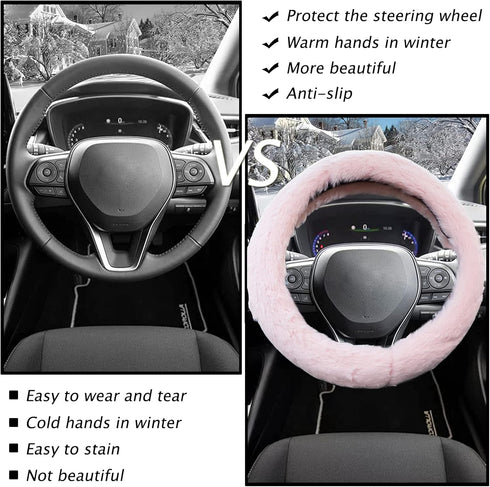 Fluffy Car Steering Wheel Cover for Women,JXJKMMN Winter Volkswagen Elasticity Fashionable Faux Wool Warm Fuzzy Steering Wheel Cover Universal Fit...