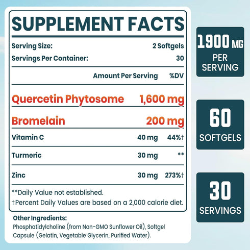 1600 MG Liposomal Quercetin Phytosome, 20X Higher Absorption, Quercetin with Bromelain, Zinc & Vitamin C, Quercetin Supplement for Immunity, Norma...