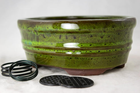 Oval Glazed Cactus & Succulent Planter, Bonsai Pot with Mesh & Wire 6"x 4.5"x 2.5" - Moss Green...