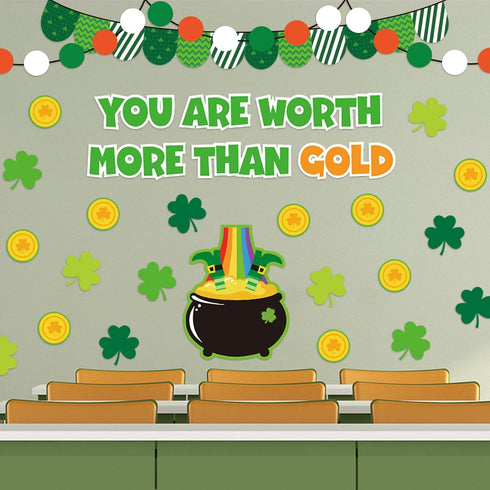 72Pcs St. Patrick's Day Bulletin Board Decor Set Shamrock Clover Gold Coin Cut-Outs with Glue Points Bulletin Board Stickers for Irish Holiday Sch...