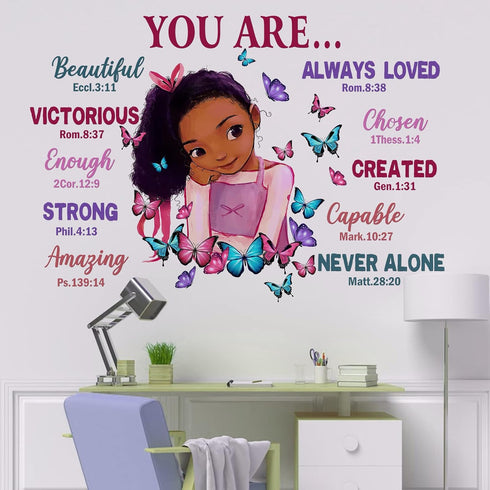Yovkky Black Girl Religious Butterfly Wall Decal Sticker, Positive Saying African American You are Beautiful Nursery Decor, Inspirational Home Afr...