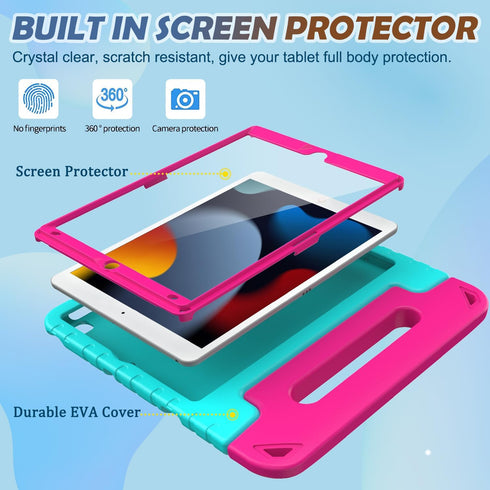 LTROP Kids Case for iPad 9th/ 8th/ 7th Generation (2021/2020/ 2019), iPad 10.2 Handle Stand Case - Turquoise and Rose...