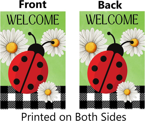 Ladybug Spring Summer Garden Flag 12x18 Inch Double Sided Ladybug Daisy Welcome Yard Flag Buffalo Plaid Check Burlap Banner Seasonal Farmhouse Dec...