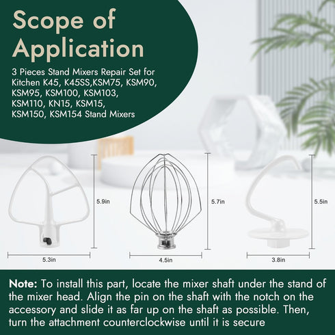 3 Pieces Stand Mixers Repair Set for Kitchen Tilt-Head Stand Mixers K45DH Dough Hook K45B Coated Flat Blade Paddle K45WW Wire Whip Compatible with...