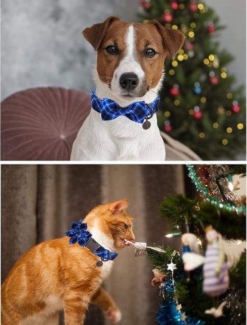 Dog Collar with Bow Tie, Cotton Dog Bowtie Collar for Medium Girl Boy Dog, Holiday Blue Dog Collar with Durable Metal Buckle, Cute Plaid Pet Colla...