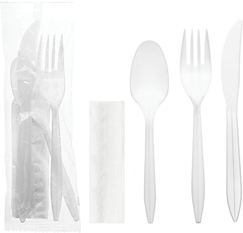 Party Essentials Individually Wrapped Plastic Cutlery Packets/Silverware Kits, White Fork/Spoon/Knife/Napkin, 100 Sets...