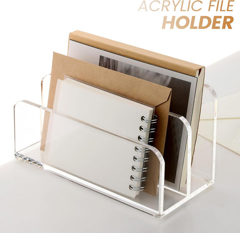 Acrylic File Holder, 2 Sections Mail Organizer Countertop, Desk Organizer Mail Holder Letter File Folder Sorter, Clear File Organizer for Desk, Do...