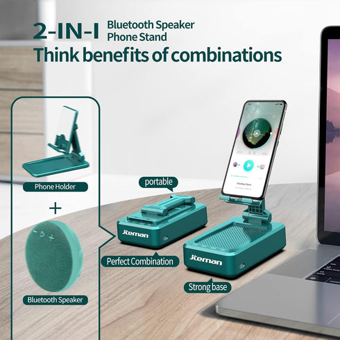 JTEMAN Cell Phone Stand with Wireless Bluetooth Speakers,Angle Adjustable Strong Pedestal Phone Stand for Desk,HD Sound and Bass Bluetooth Speaker...