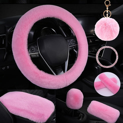 Cute Fluffy Steering Wheel Cover Set, Warm Soft Fur Fuzzy Covers for Women/Girls,Universal 15 Inch 1 Set 8 Pcs Car Accessories (Pink)...
