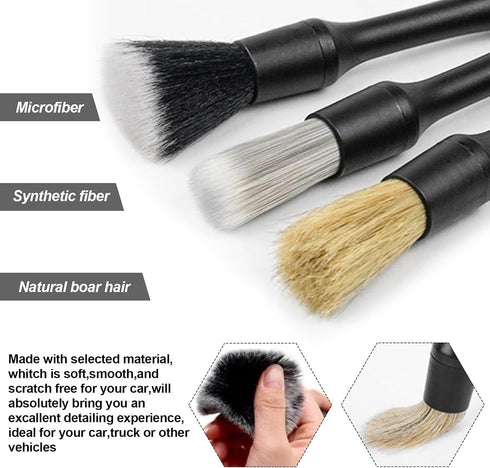 3 Pack Car Detailing Brush Set,Natural Boars Hair Ultra-Soft Cleaning Tool Auto Detail Brushes Kit for Clean Interior or Exterior,Dashboard,Air Ve...