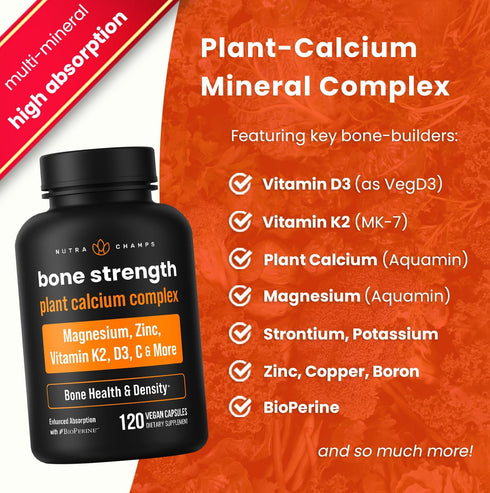 Calcium Supplement for Bone Strength | Plant Calcium Citrate + Vitamin D3, K2, Magnesium, Zinc, Potassium, Boron & Strontium | Premium Extra Stren...