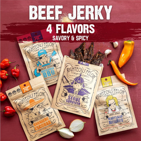 Righteous Felon Beef Jerky Variety Pack | Gluten Free Snack Packs for Adults | High Protein, Keto, Low Sugar | Made with Premium Meats | Gifts for...