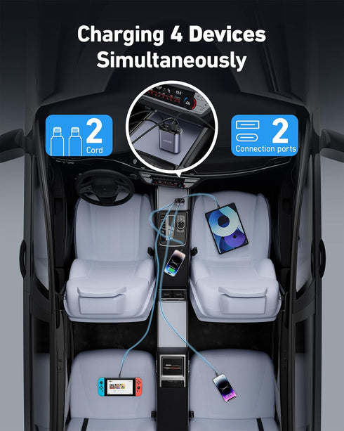 iPhone Car Charger 4 in 1 Fast USB Car Phone Charger 20W Double Lightning Retractable Cables 31.5 Inch and 2 USB Ports Car Charger Adapter for iPh...