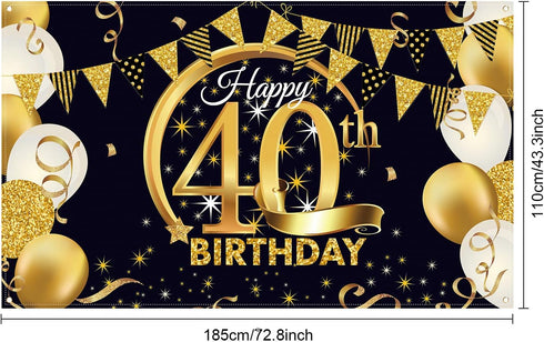 Blulu 40th Birthday Party Decoration, Extra Large Fabric Black Gold Sign Poster for 40th Anniversary Photo Booth Backdrop Background Banner, Birth...