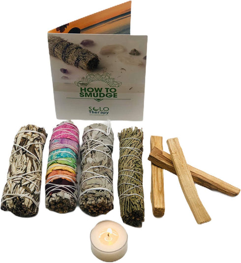 Smudge Kit Spiritual Set - White Sage, Cedar, 7 Chakra Sage, Yerba Santa, Palo Santo, Sandalwood T-Lite Candle - for Purifying, Cleansing, Meditat...