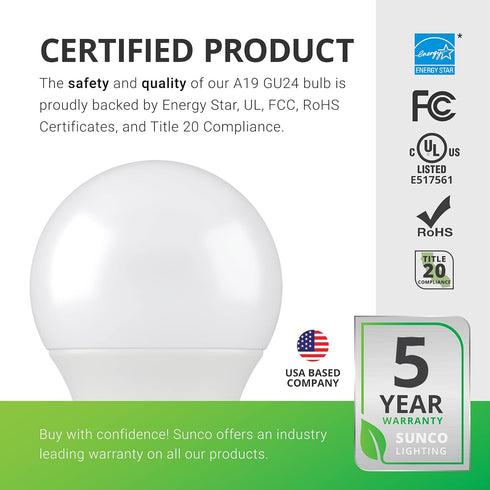 Sunco Lighting 2 Pack GU24 LED Bulbs 2 Prong A19, CRI91 5000K Daylight, 9W Equivalent 60W, CFL Replacement 800 Lumens, Super Bright Dimmable, Twis...